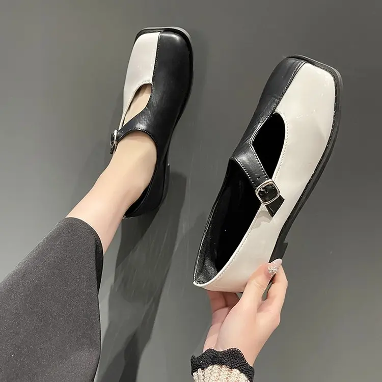

New Women's Mid-heel Shoes Spring and Autumn Square Toe Buckle High Heels Elegant Party Casual Retro Shoes Ladies Flat Shoes