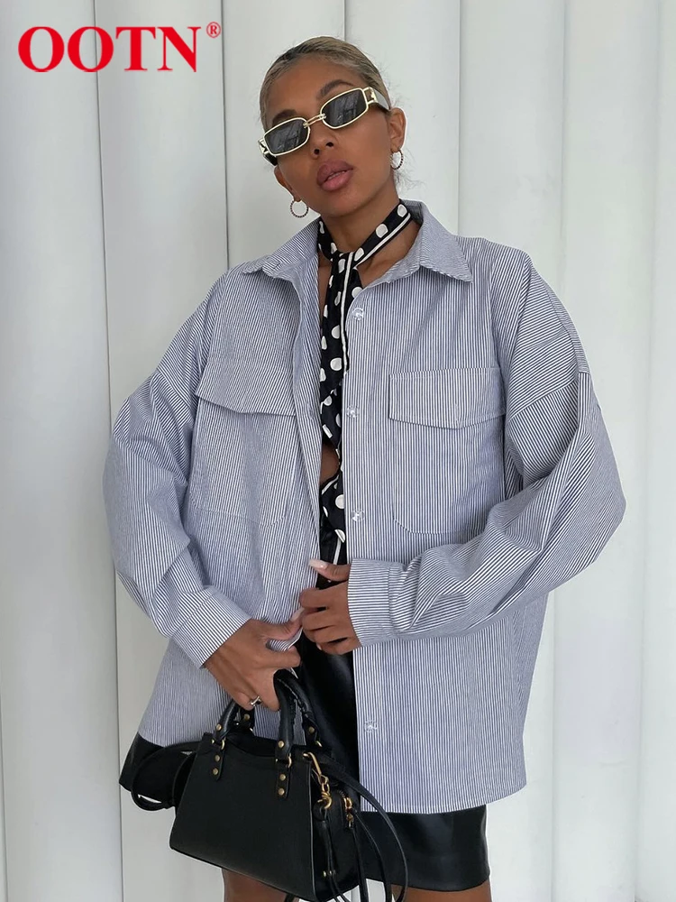 

Уличная полосатая блузка OOTN, Повседневная Верхняя одежда с отворотом большого размера, женские рубашки, летние женские модные топы с длинны...