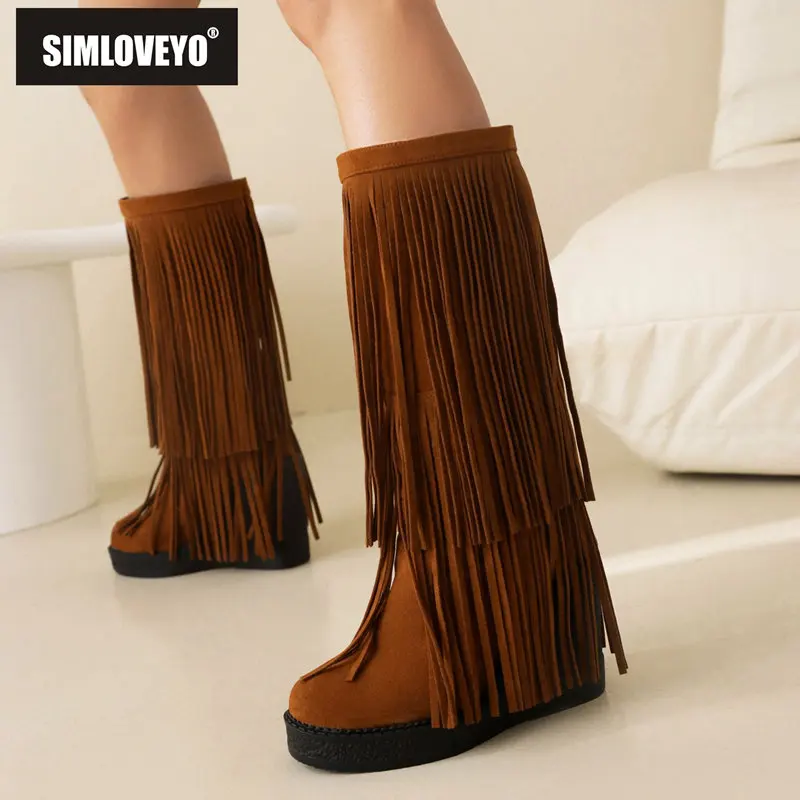 

SIMLOVEYO Brand Ladies Mid Culf Boots Round Toe Flock Suede Wedges Tassels Classic Female Daily Casual Booty Big Size 42 43 44