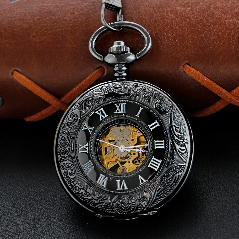 Black Steampunk Mechanical Manual Stringed Sculpture Pocket Watch Roman Digital Skull Dial Pendant Auto Antique Clock