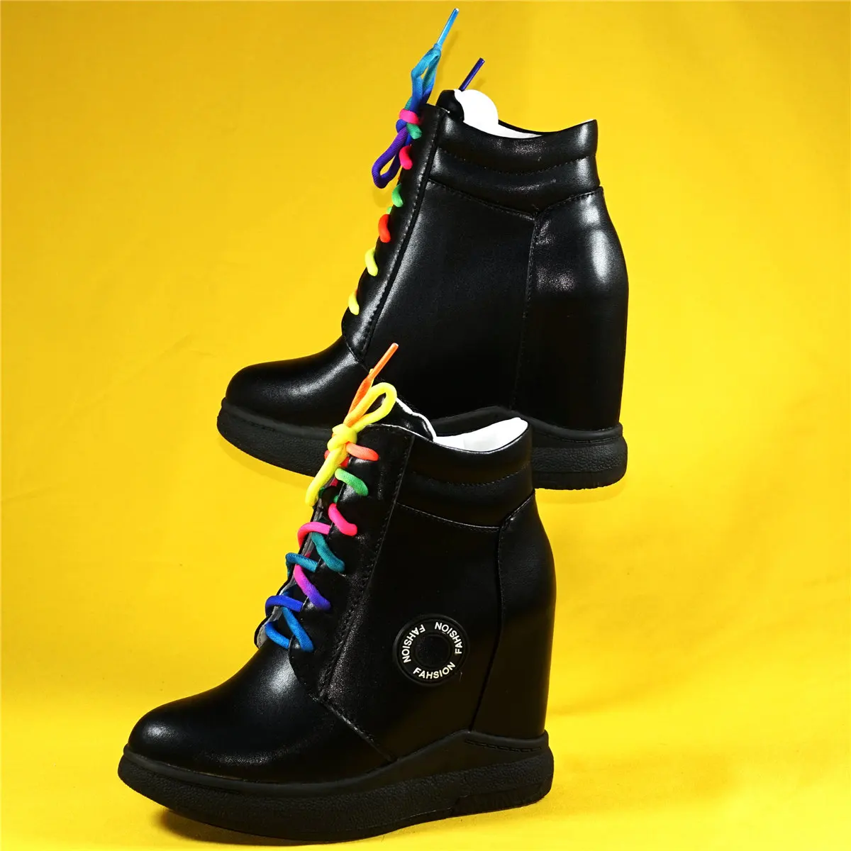 2023 Fashion Sneakers Women Lace Up Genuine Leather Wedges High Heel Pumps Female Round Toe Platform Ankle Boots Casual Shoes