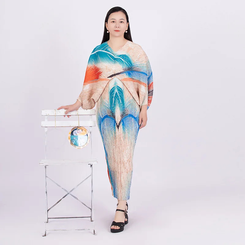 

Женское Плиссированное Платье с принтом, свободное платье большого размера с V-образным вырезом и рукавом летучая мышь, весна 2023