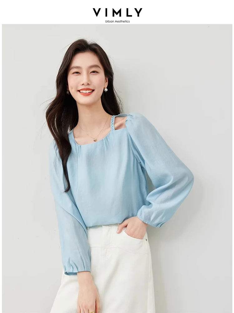 Vimly o-образный вырез Lyocell тонкая шифоновая рубашка крючок цветок полый