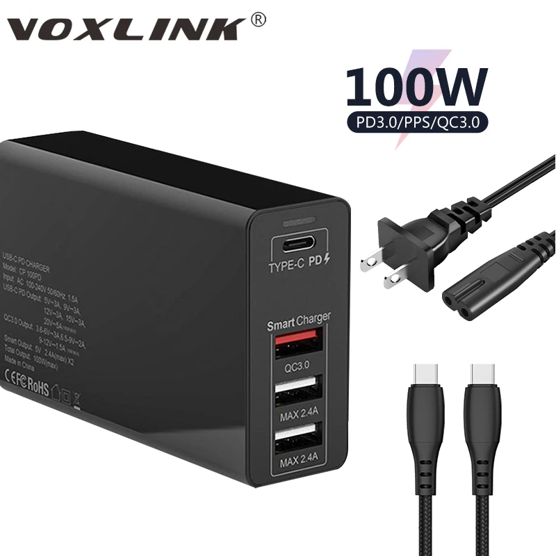

Быстрое зарядное устройство VOXLINK, 100 Вт, ЕС/США/Великобритания, USB C, PD87W/65 Вт/45 Вт/30 Вт, адаптер с кабелем 2 м, 100 Вт, электростанция для Macbook Pro, iPhone ...