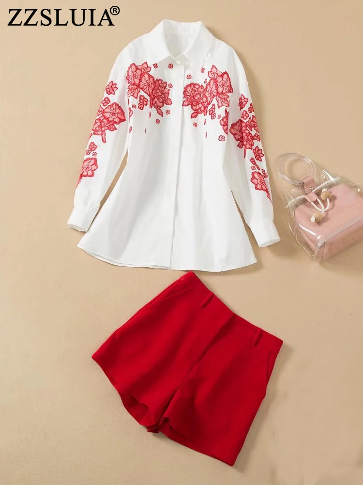 

ZZSLUIA Shorts Suits For Women Embroidery Patchwork Designer Blouses Shirts+Shorts Elegant Twinset Fashion Outfit Female Clothes