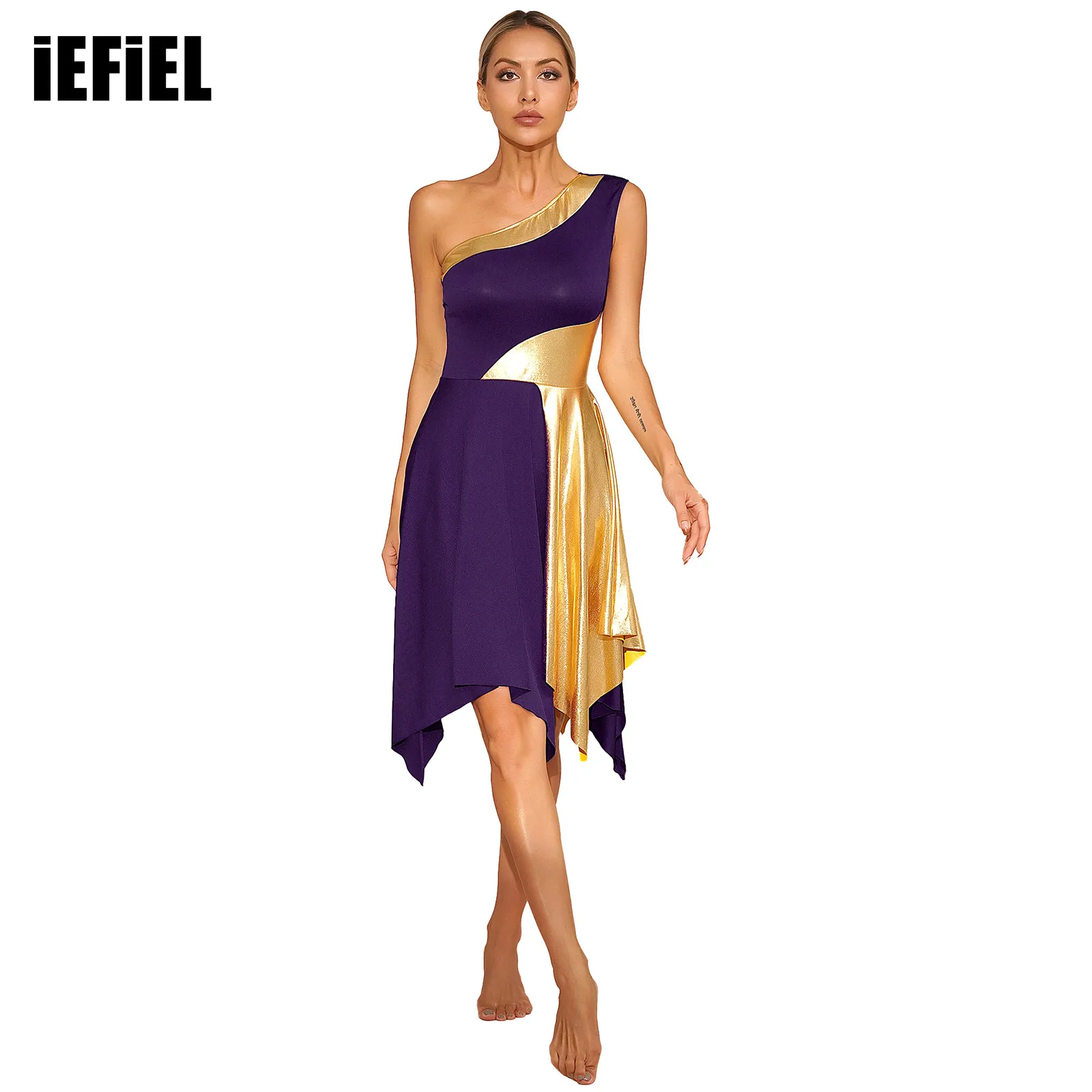 

Womens Metallic Worship Praise Dance Dress Color Block One Shoulder Irregular Hem Sleeveless Dresses for Performance Costume