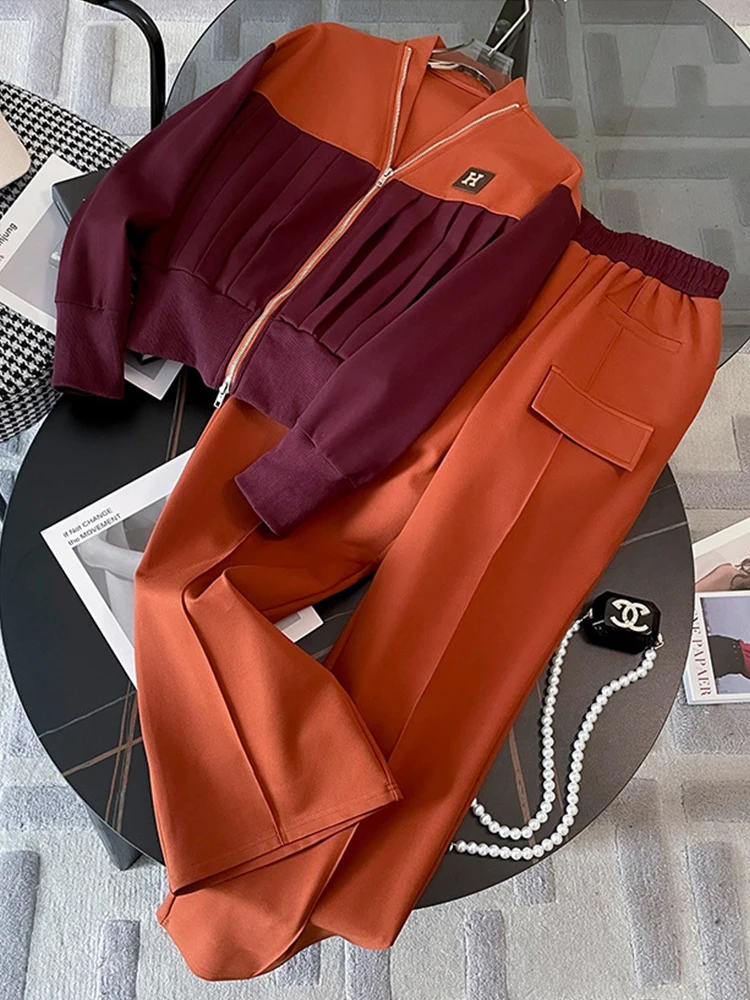 

Женский Повседневный костюм из 2 предметов, плиссированный лоскутный кардиган с V-образным вырезом и брюки с широкими штанинами, осень 2023