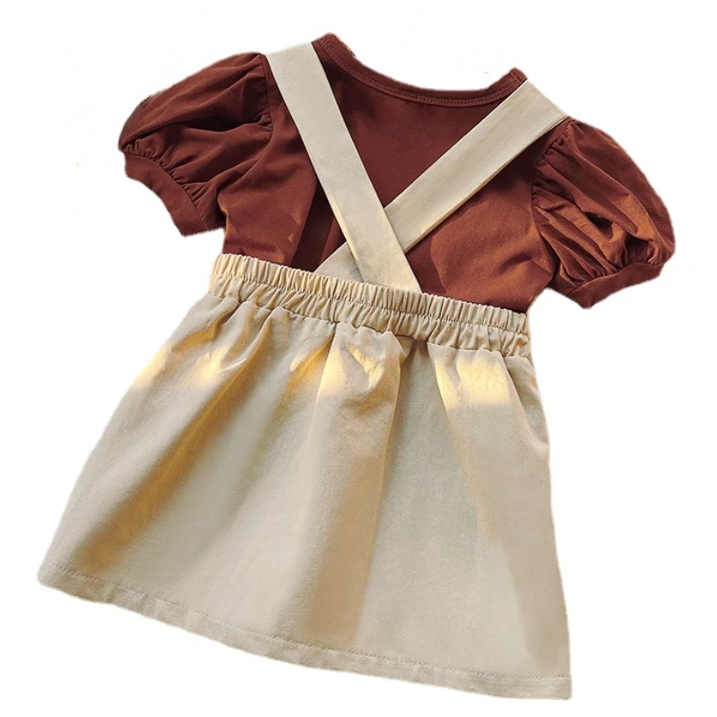 

Летняя одежда в Корейском стиле для девочек модная футболка с рукавами-фонариками комбинезон с лямками и юбка комплекты одежды из 2 предметов