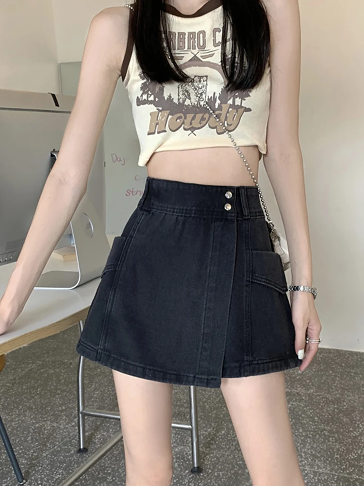 Streetwear Women High Waist Loose Retro Denim Shorts Skirts Spring Summer Women Asymmetrical Button Jeans Shorts
