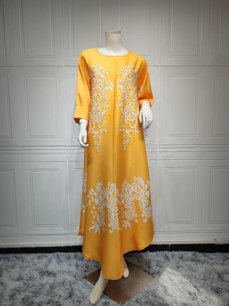 Abaya Dress Muslim Elegant Women 3/4 Sleeve Polyester Yellow Light Purple Long Abaya Muslim Fashion Dress Muslim Dress Women