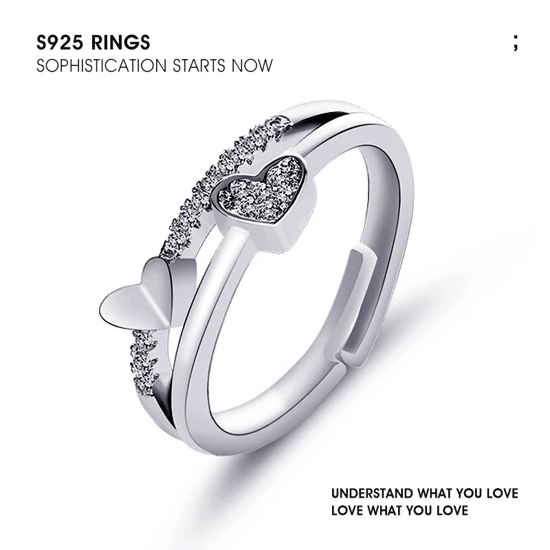

ювелирные изделия 925 silver Женское серебряное кольцо с цирконом, регулируемое кольцо с инкрустацией в виде сердца