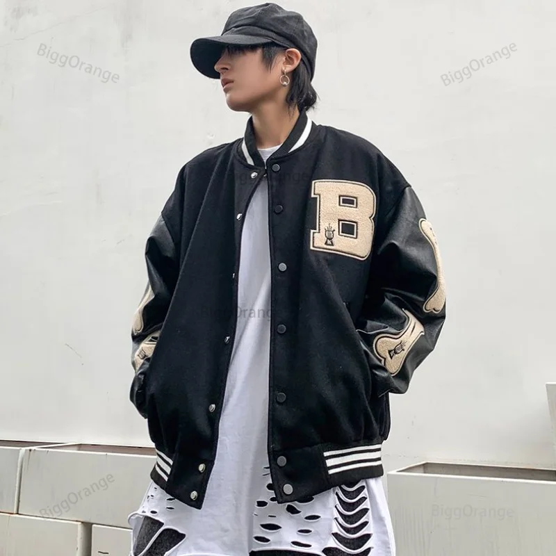 

American retro high street hip-hop woolen flocking baseball uniform jacket for men and women loose casual allmatch jacket jacket