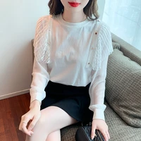 2022 spring autumn new french chiffon sleeves lotus leaf solid color round neck slim top women clothing tshirt camisetas 982i