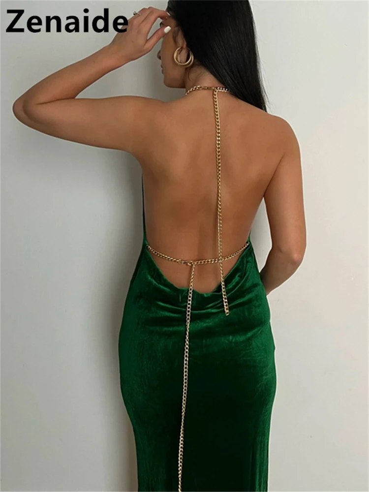 

Zenaide 2022 Summer Backless Bodycon Maxi Dress Green Velvet Halter Neck Women Off Shoulder With Chain Sexy Party Club Dresses