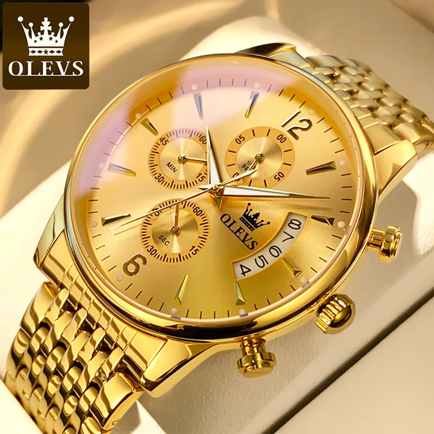 

OLEVS Gold Watch For Men Top Luxury Brand Steel Sport Diving Chronograph Golden Male Wristwatches Mens Relogio Masculino 2022
