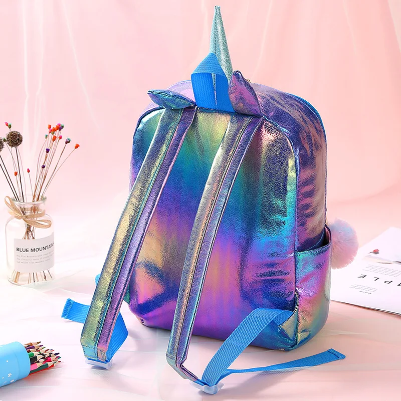 Girls School Bags Unicorn Backpack Laser Pu Multi Color Rugzak Waterproof  Bookbags For Women with Pom Pom 34X24X10CM Large