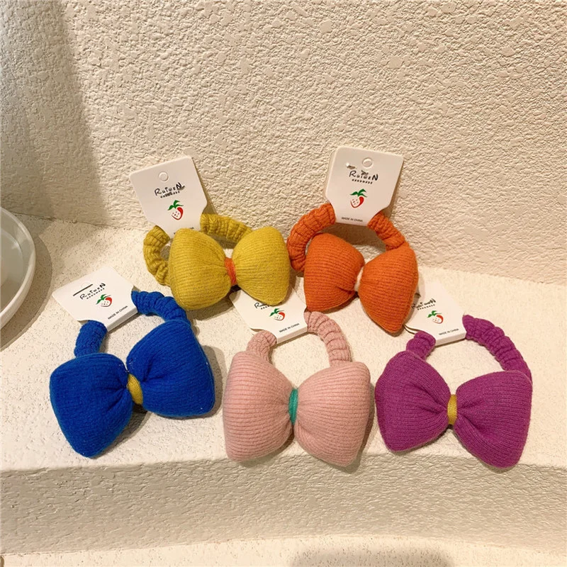 

New Fashion Children's Simple Colorful Fabric Stuffed Stereo Bow Rubber Band Hair Rope Korean Sweet Girl Ponytail Headdress
