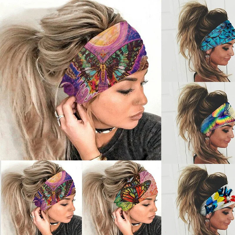 

Butterfly Flower Headband women Running Bandanas Girls Hair Band Elastic Headwrap Floral Yoga Sweatband Hairbands For Women