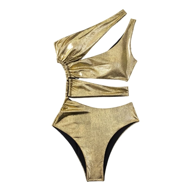 

H58D Sexy One Shoulder Swimsuit Gold Glitters Bathing Suit Waist Cut Out Thong Swimwear Sexy Bodysuit Beachwear for Womens
