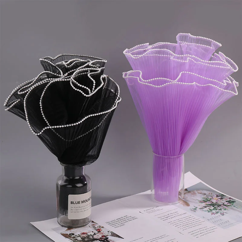 

4m Valentines Day Packaging Lace Paper Flower Wrapping Mesh Yarn Bouquet Roll Wave Yarn Pearl Edge Mesh Handmade Crafts Florist