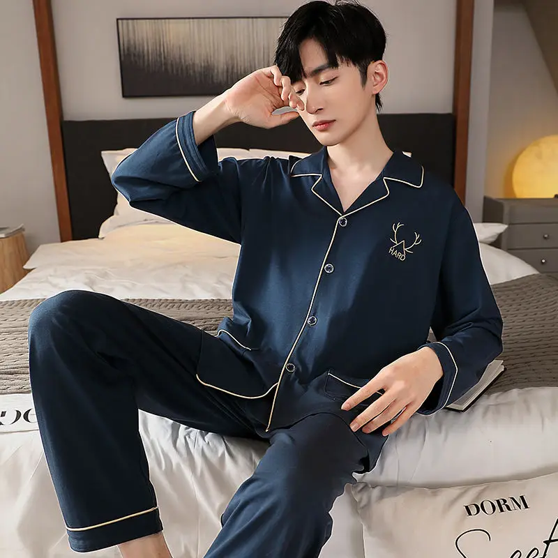 1 2023 new men's pajamas spring and autumn high-grade cotton long-sleeved trousers two-piece suit home clothes