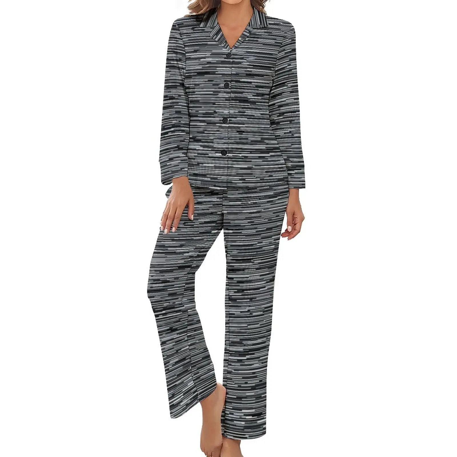

Lines Print Pajamas Black and White Long-Sleeve Soft Pajama Sets Two Piece Home Spring Graphic Nightwear Birthday Present