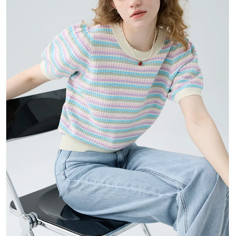 

Rainbow Round Neck Lace Pullover Knit Short Sleeve Girls Sweet Puff Sleeve Striped T-Shirt Kawaii All-Match Top Women