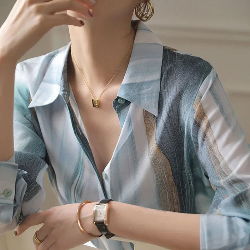 Женская шифоновая рубашка в полоску свободная блузка составного кроя с отложным