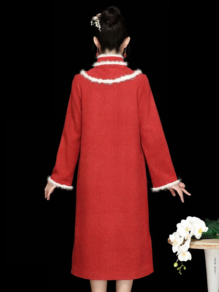 Chinese Red Robe New Year Winter Dress Party Girls Qipao