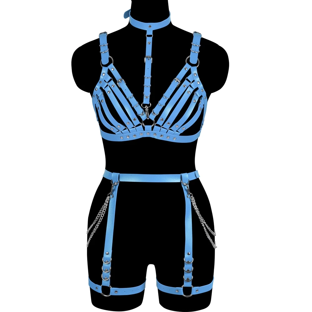 Leather Goth Silver Chain Clothing Sexy Lingerie Body Harness Set Underwear Adjustable Top Harness For Women Cage Bra Strap