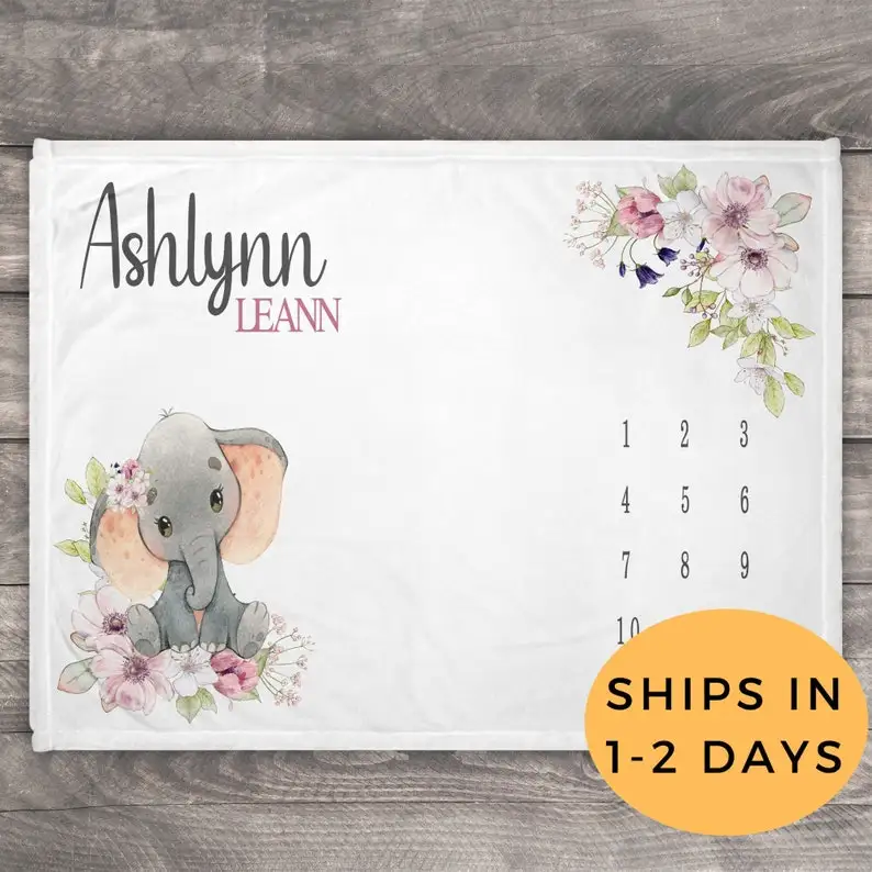 

Elephant Milestone Blanket, Newborn Baby Milestone Blanket, Personalized Elephant Girl Milestone, Growth Chart Blanket, Elephant