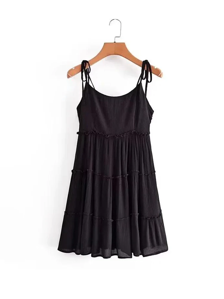 

Летнее платье на бретельках, Черное женское платье без рукавов, ТРАПЕЦИЕВИДНОЕ мини-платье