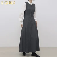 e girls casual women chic autumn simple lapel tie puff sleeve shirt pleated strap dress set female solid elegant new