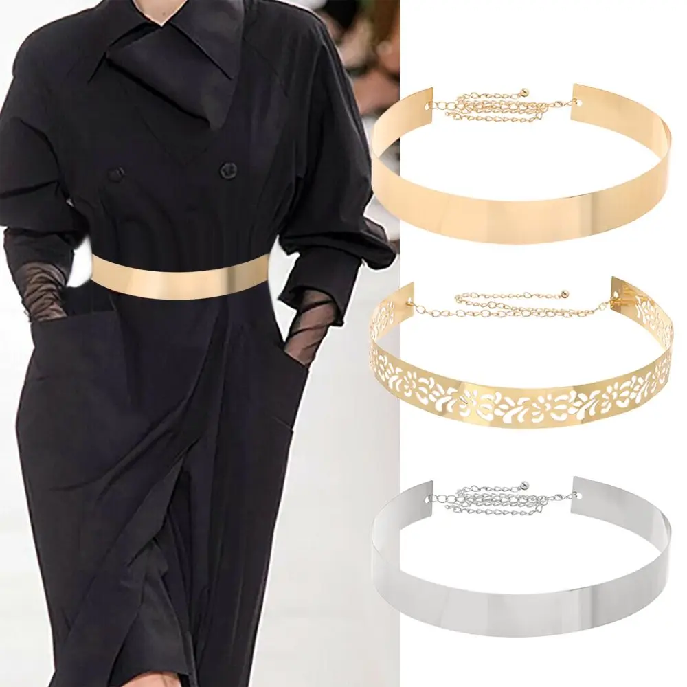

Luxury Adjustable Women Exaggerated Gift Wide Waist Belt Sequined Metal Wide Belt Gold Silver Color Mirror Waistband