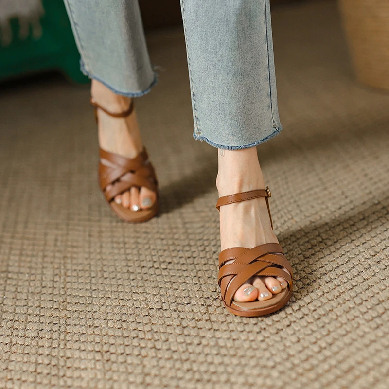 QUTAA 2022 Square Med Heel Elegant Female Sandals Ankle Strap Genuine Leather Peep Toe Summer Women Shoes Big Size 34-39