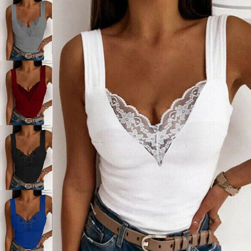 

Tank Tops Blouse Shirt V Neck Ladies Casual Womens Lace Sexy