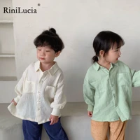 rinilucia 2022 korean new autumn kids boys girls shirts solid white green lapel blouse casual tops children clothes 1 6y