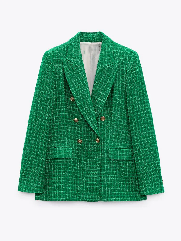 

Zach AiIsa Spring New Women's Green Fashion Texture Versatile Lapel Long Sleeve Double Breasted Slim Fit Casual Blazer