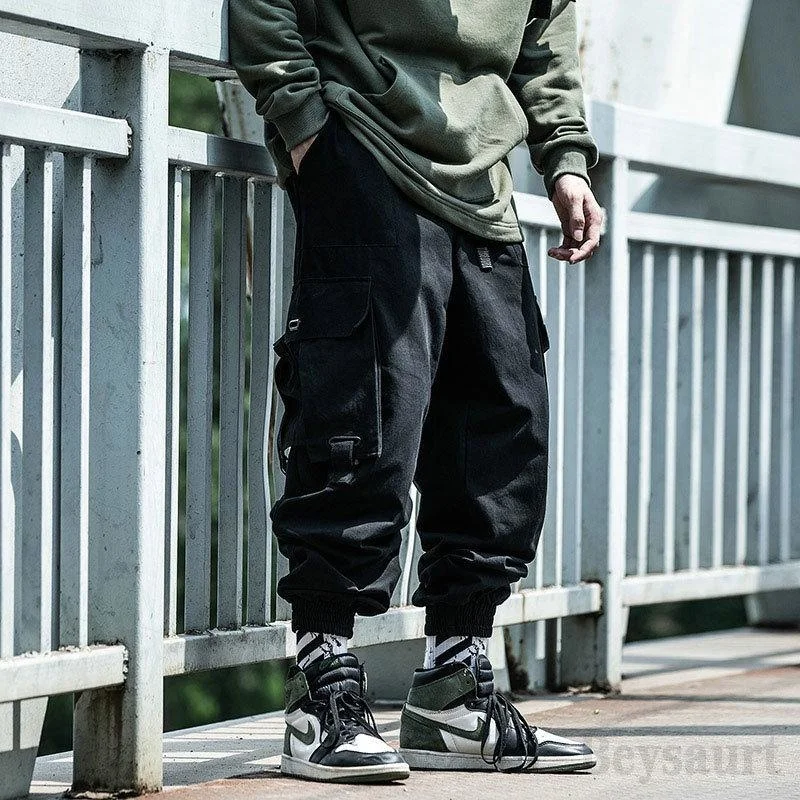 Spring Autumn Men Hip-Hop Style Sportswear Pants Black Harem Overalls With Multi-pocket Ribbon Casual Streetwear Men's