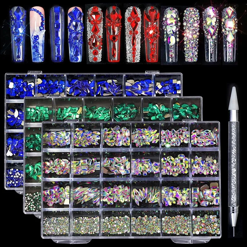 

24 Grid Nail Art Rhinestones Kit Multi Shapes Crystal AB Rhinestones Nail Art Decorations Diamonds DIY Jewelry Nail Accessories