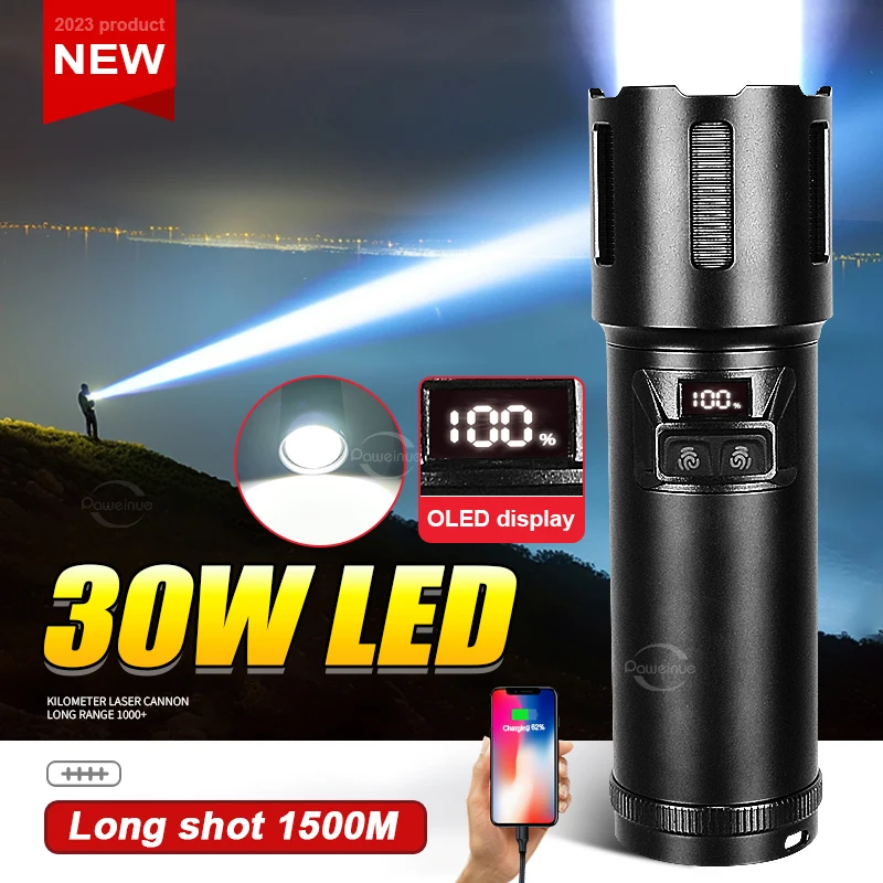 

Most Powerful LED Flashlight 30W Strong Power Tactical COB Torch Lamp Telescopic Zoom OLED Built-in 6600mAh Battery Type-c Light