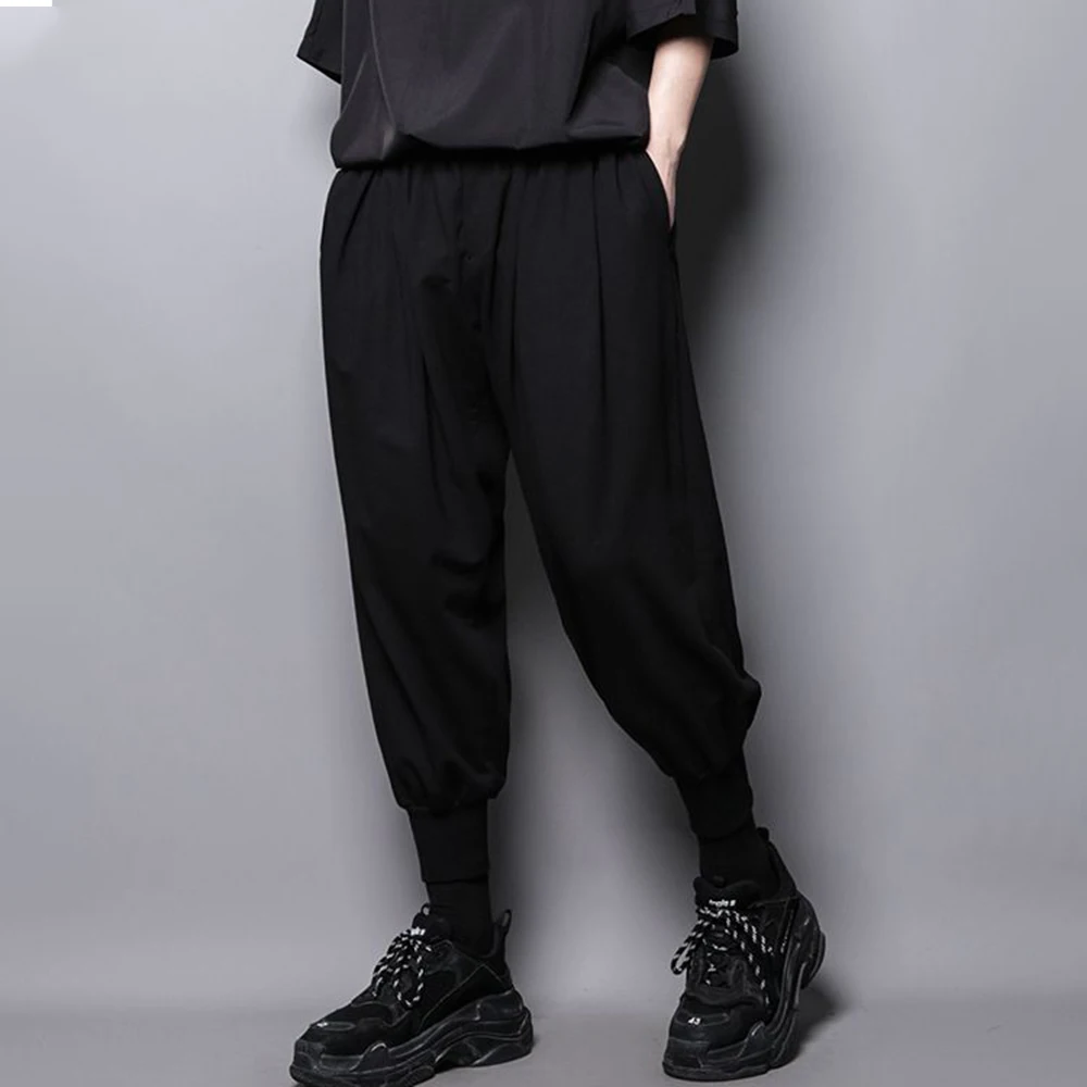 Men Casual Pants Solid Color Elastic Waist Ankle-length Breeches Youth Trend Flying Squirrel Pants  Retro Hip Hop Streetwear
