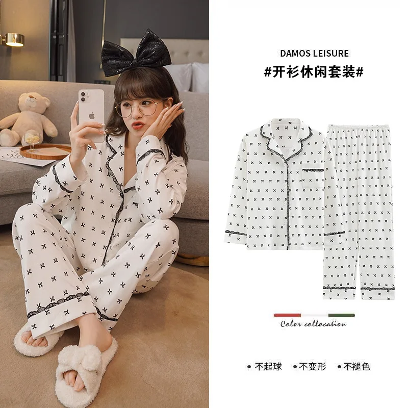 

New women's pajamas cotton cardigan long-sleeved sweet fairy style loose large size can be worn outside the home clothes suit
