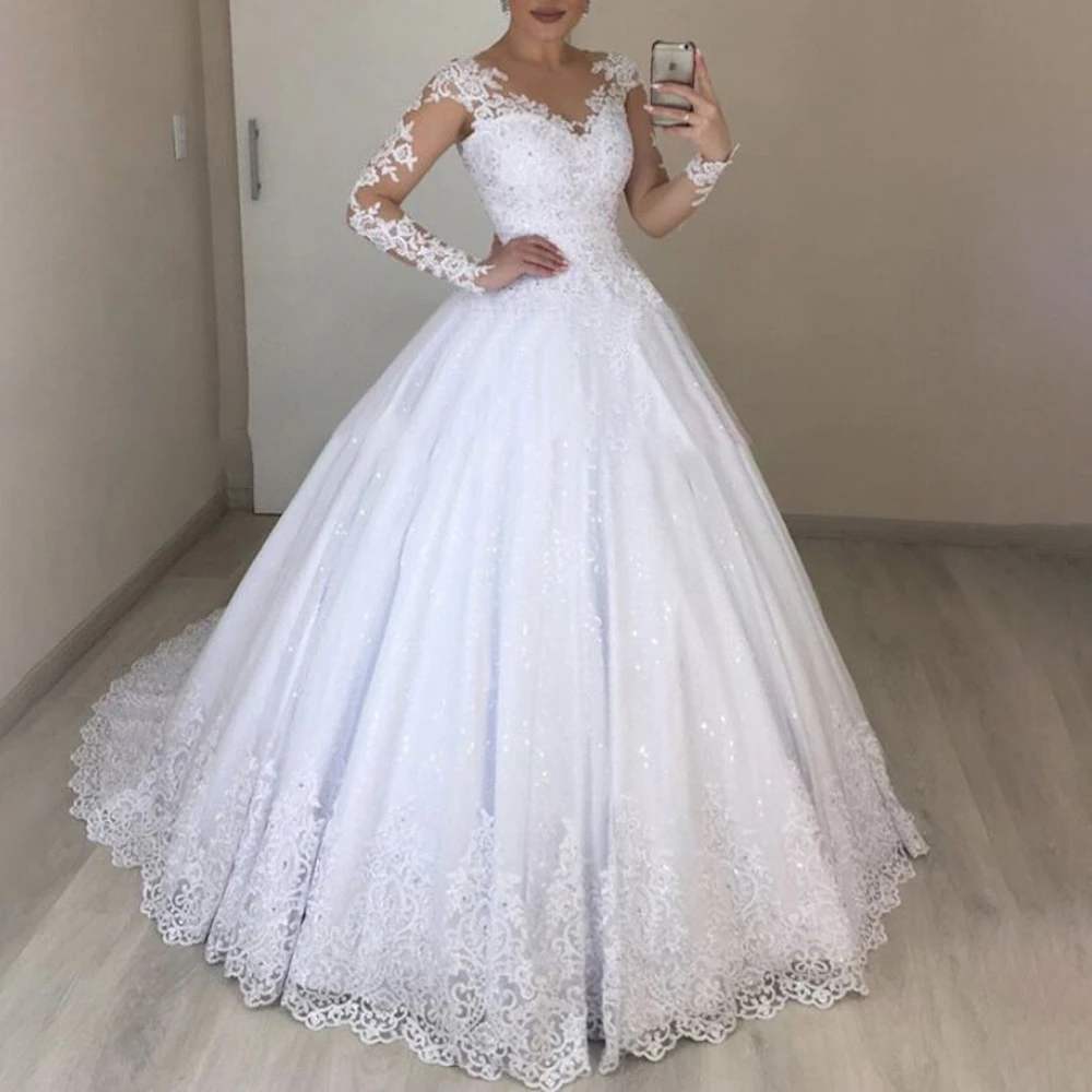 

Женское свадебное платье с длинным рукавом, кружевное свадебное платье принцессы с бисером, женское платье невесты, robe de mariee