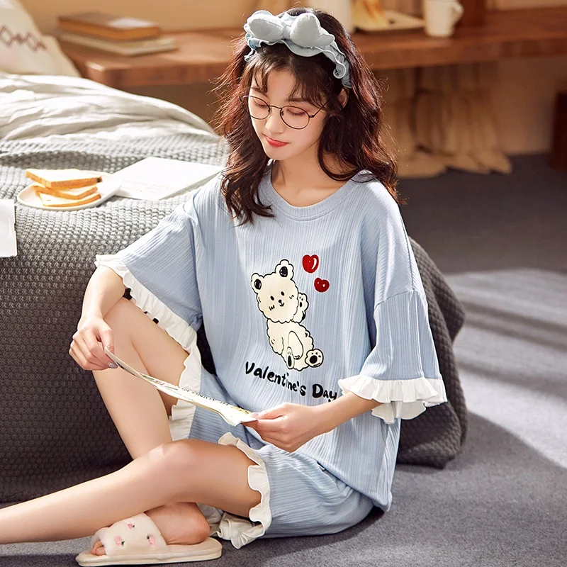 Fashion Summer Pajamas Woman Cartoon Pj Sets for Women Cotton Short Sleeve Sexy Women Nightwear Schoolgirl Couple's Pajama Set