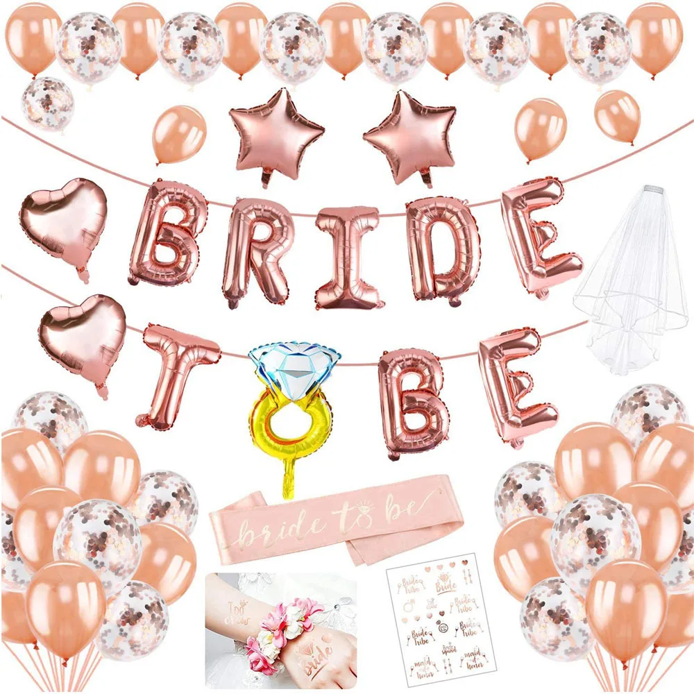 

JOYMEMO Rose Gold Party Decoration BRIDE TO BE Foil Balloon Set White Veil Confetti Latex Balloon Bachelorette Party Supplies
