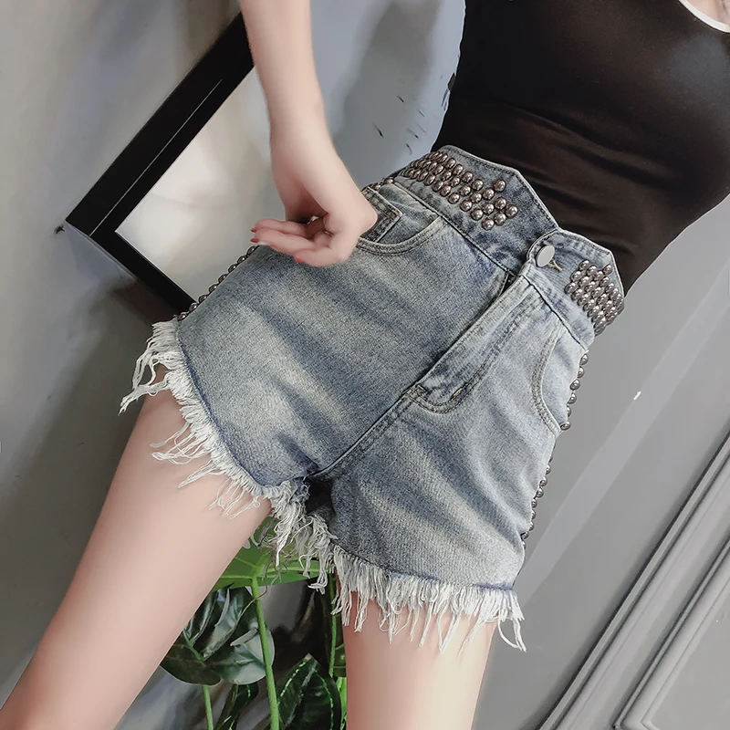 

Женские джинсовые шорты с заклепками, универсальные рваные шорты с завышенной талией из денима в Корейском стиле, весна-лето 2022