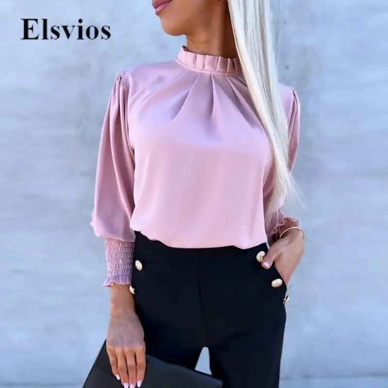

High Fashion Working Lady Blosue Elegant Commuting Pleat O Neck Women Shirt Pullover Autumn Casual Long Sleeve Solid Tops Blusas