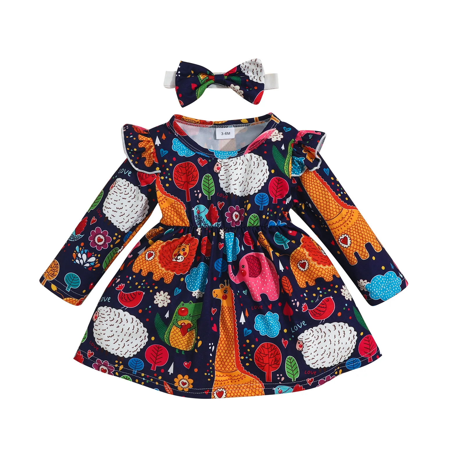 

Платье для новорожденных девочек, осенняя юбка с длинным рукавом, Платье До Колена с рукавом-мухой + повязка на голову с бантом, комплект из 2 предметов, Одежда для младенцев 0-24 мес.