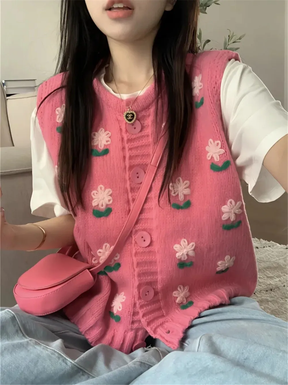

Heavy Industry Embroidery Floral Sweater Vest Women Single Breasted Pink Sleeveless Knit Cardigan Korean Sweet Pink Sweaters